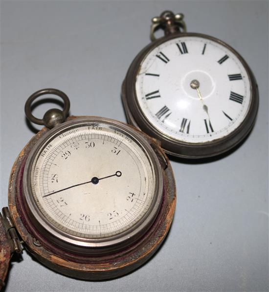 A late 18th century silver pair cased verge pocket watch by Wilson, London and a later cased pocket barometer.
